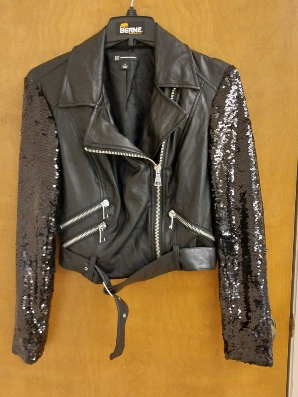 I.N.C (International Concepts) BLACK LEATHER LOOK MOTO JACKET w/ SEQUIN SLEEVES